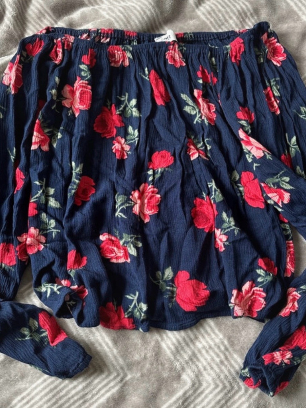 Hollister Navy Off-Shoulder Top with Red Rose Print